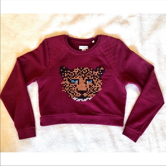 La Hearts Tops - LA Hearts Crop Top Sweatshirt - Cheetah / Leopard Knit Design XS.